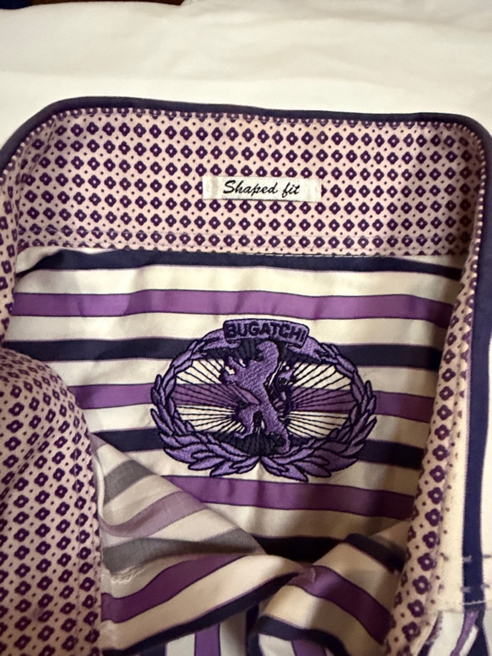 Bugatchi Purple and Ivory Striped Dress Shirt with Patterned Inner Cuff